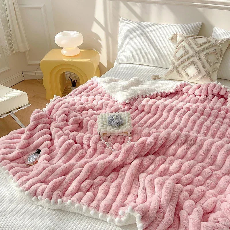 DecorBites™ Luxe Faux Rabbit Fur Weighted Double Blanket for Cozy Bed Warmth