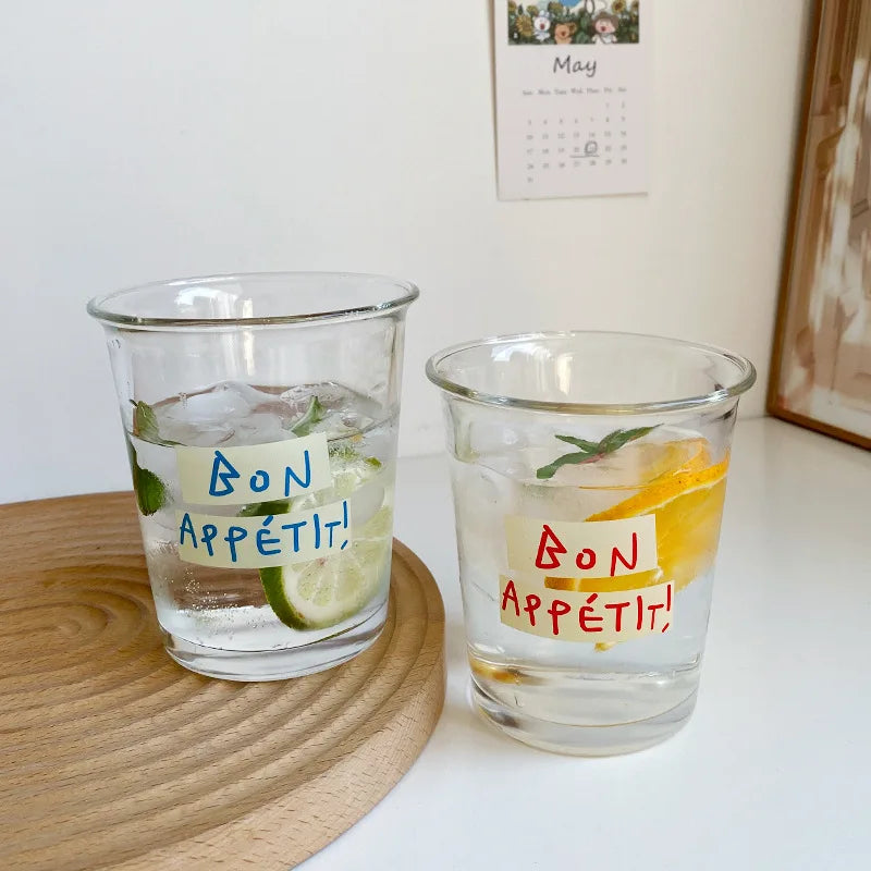 DecorBites™ 320ml Glass Tumbler Cup - French Style Bon Appetit Iced Coffee Juice Water Glass
