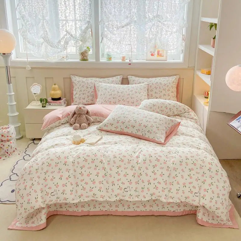 DecorBites™ Cartoon Cat Floral Duvet Cover Set - Pink Kids Girls Bedroom Decor