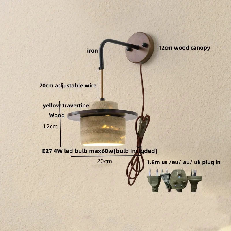 DecorBites™ LED Wall Light Fixture Yellow Travertine Stone Modern Bedside Lamp