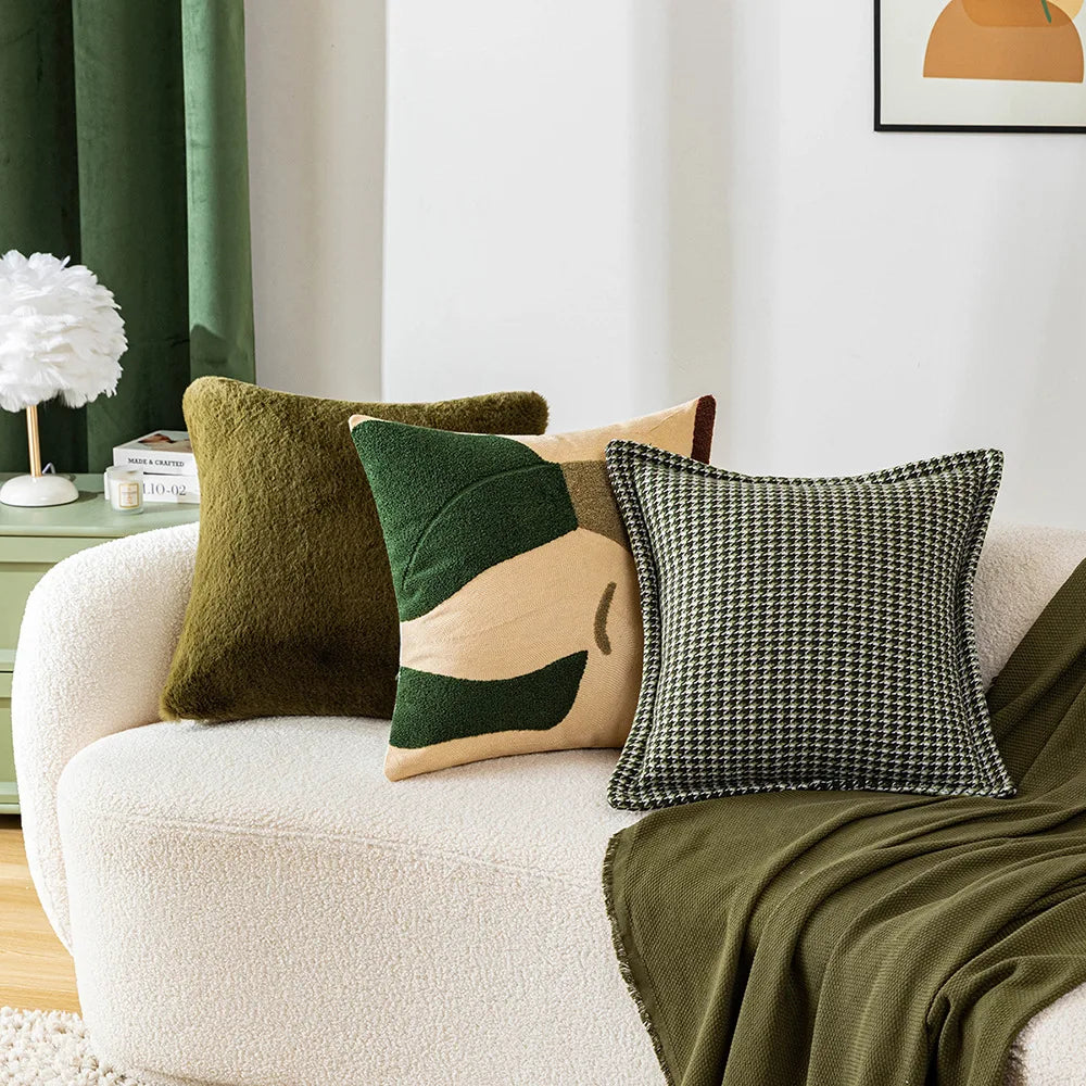 DecorBites™ Green Embroidered Tufted Cushion Cover - Modern Minimalism Art Design