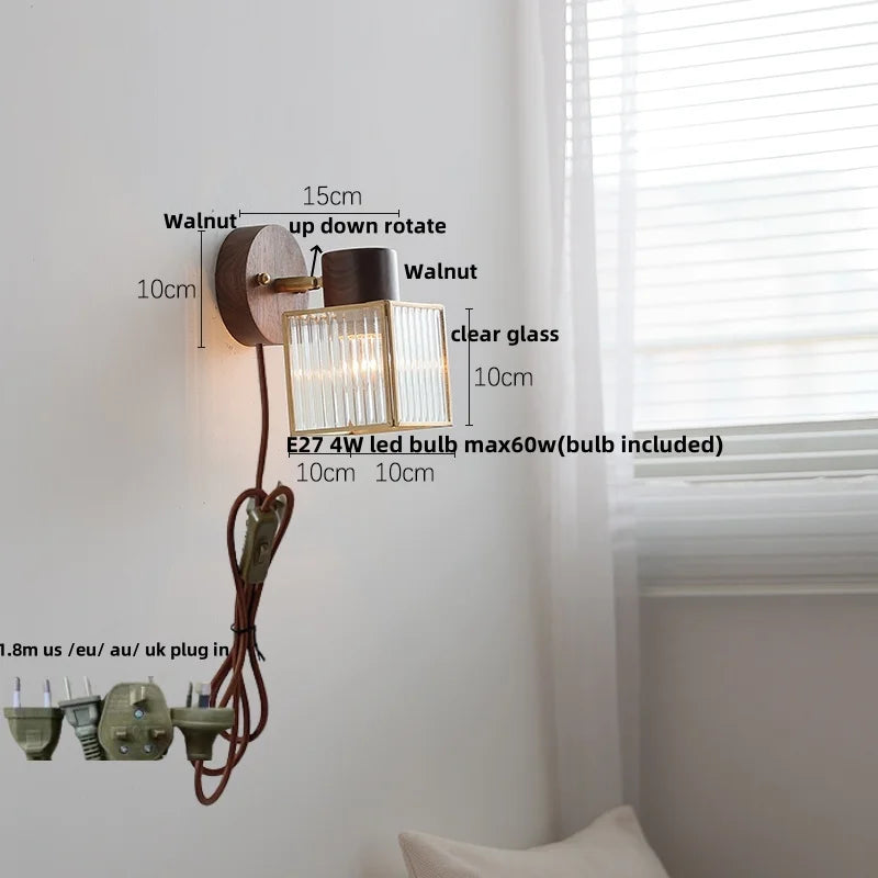 DecorBites™ Clear Glass LED Wall Sconce Walnut Wood Bedroom Living Room Modern Fixture