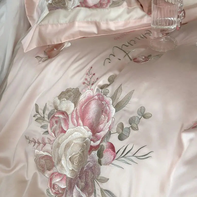 DecorBites™ 4-Pc Flowers Embroidery Bedding Set 1000TC Egyptian Cotton Duvet Cover Sheets