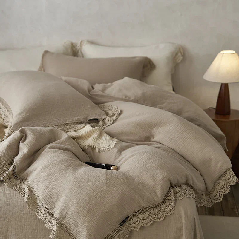 DecorBites™ Lace Edge Cotton Bedding Set for Soft Skin with Duvet, Sheets, and Pillowcases
