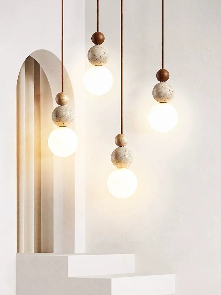 DecorBites™ Cream Style LED Pendant Lamp for Bedroom and Bar - Designer Stone Wood Chandelier