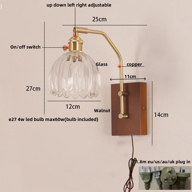 DecorBites™ LED Glass & Wood Wall Lamp with Pull Chain Switch for Living Room, Bedroom, Bathroom