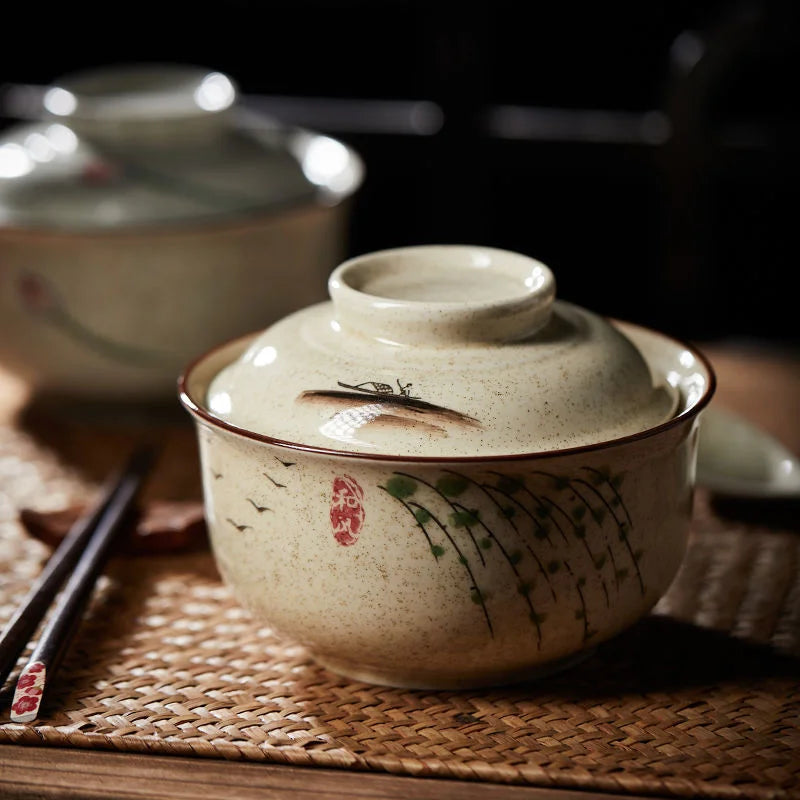 DecorBites™ 6.5inch Retro Ceramic Ramen Bowl Set with Lid, Chopsticks, and Spoons
