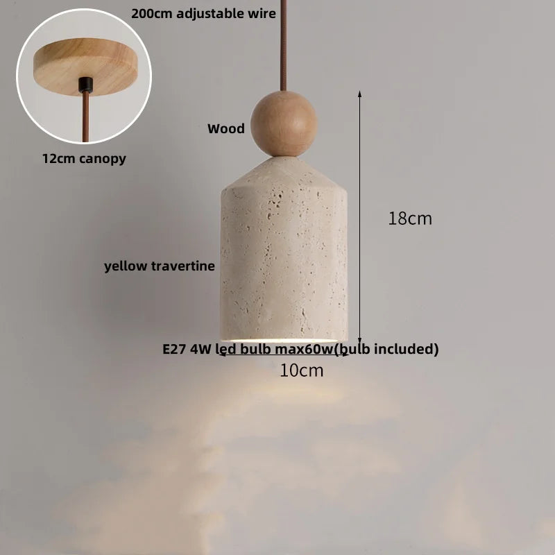 DecorBites™ Globe LED Pendant Light Yellow Travertine Stone White Glass Adjust Hang Lamp
