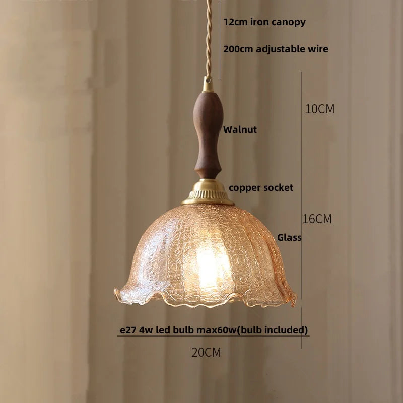 DecorBites™ Amber Glass LED Pendant Lamp Walnut Wood Copper Hanging Light