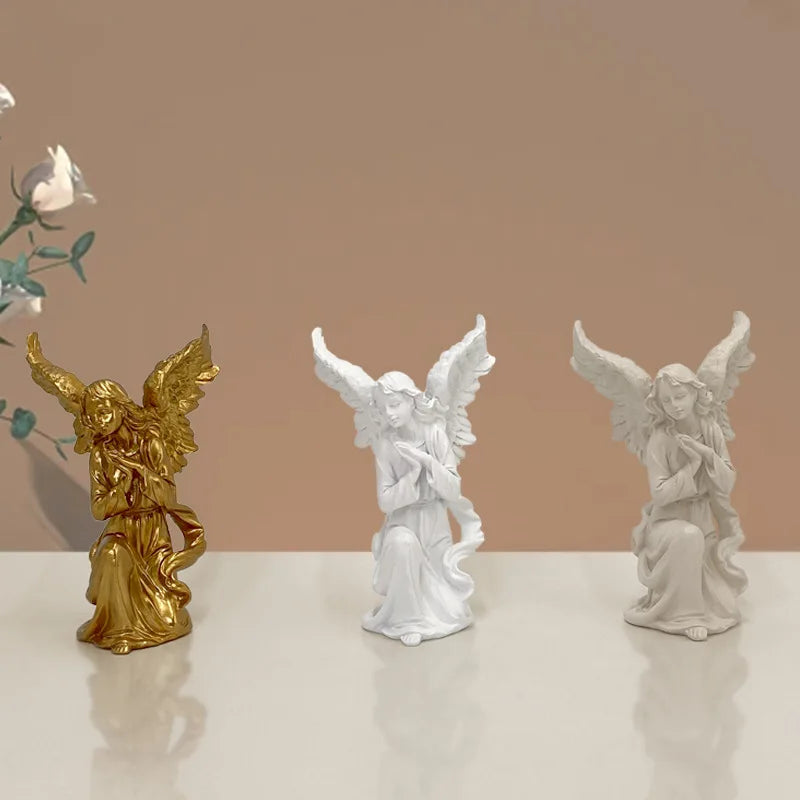 DecorBites™ Angel Figurine White Gold Resin Sculpture Collectible Statue Home Decor