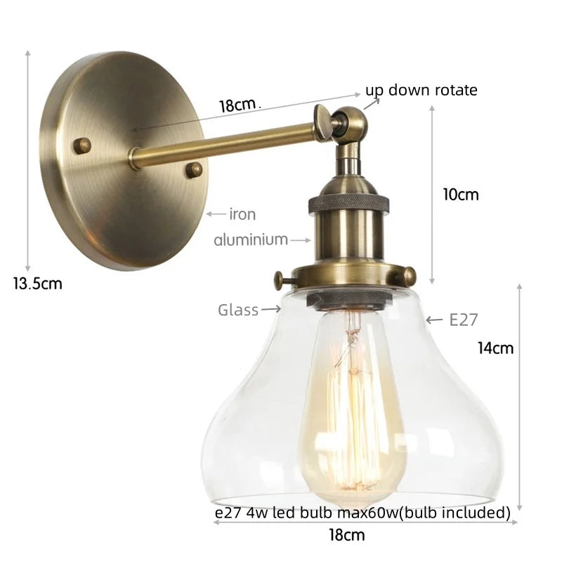 DecorBites™ Black Iron LED Wall Lights Industrial Pull Chain Switch Bedroom Dining Room Loft