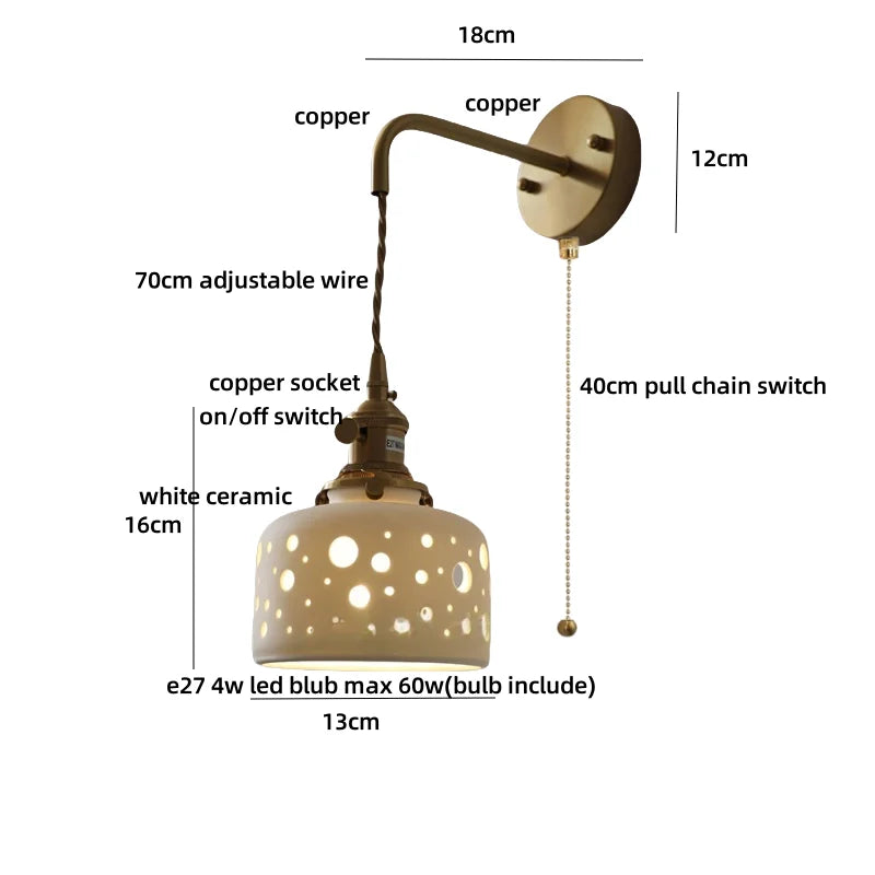 DecorBites™ Ceramic LED Wall Sconce Light Fixture with Pull Chain Switch