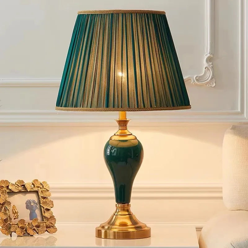 DecorBites™ Green Ceramic Table Lamp with European Cloth Cover for Modern Living Room and Bedroom