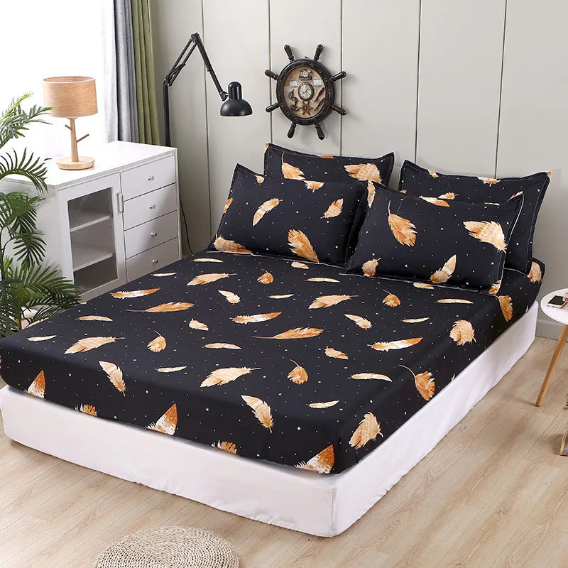 DecorBites™ Golden Feather Fitted Sheet Set: 120/150/180Cm + 2 Pillowcases