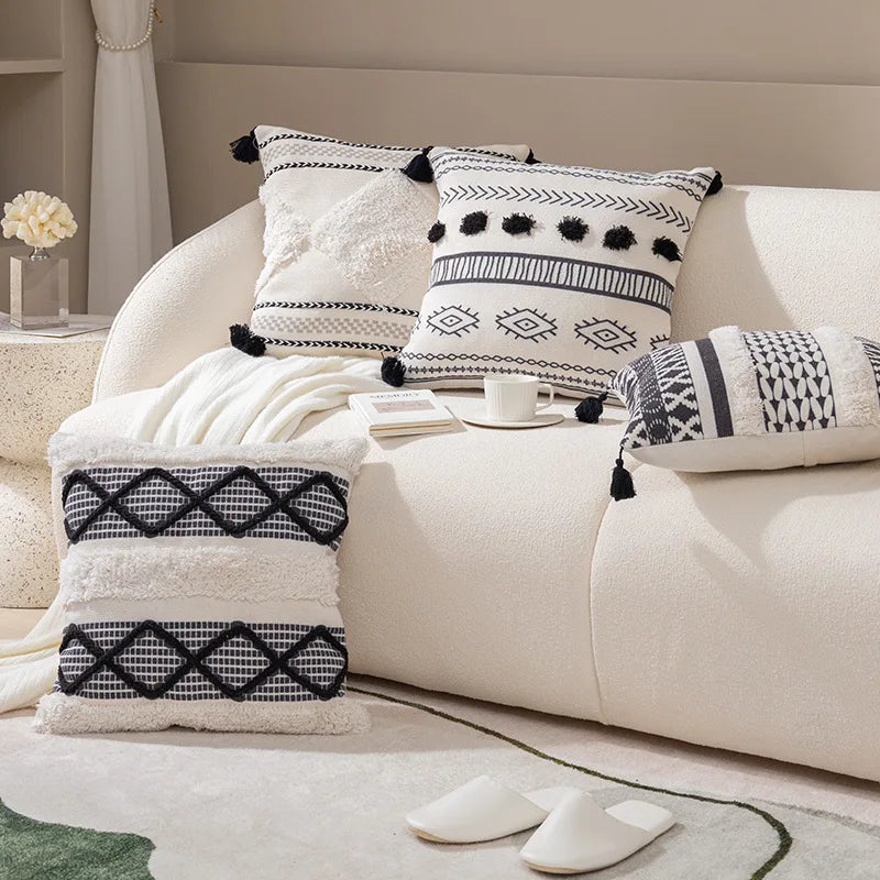 DecorBites™ Boho Tufted Fringed Black White Geometry Printed 45x45cm Pillowcase