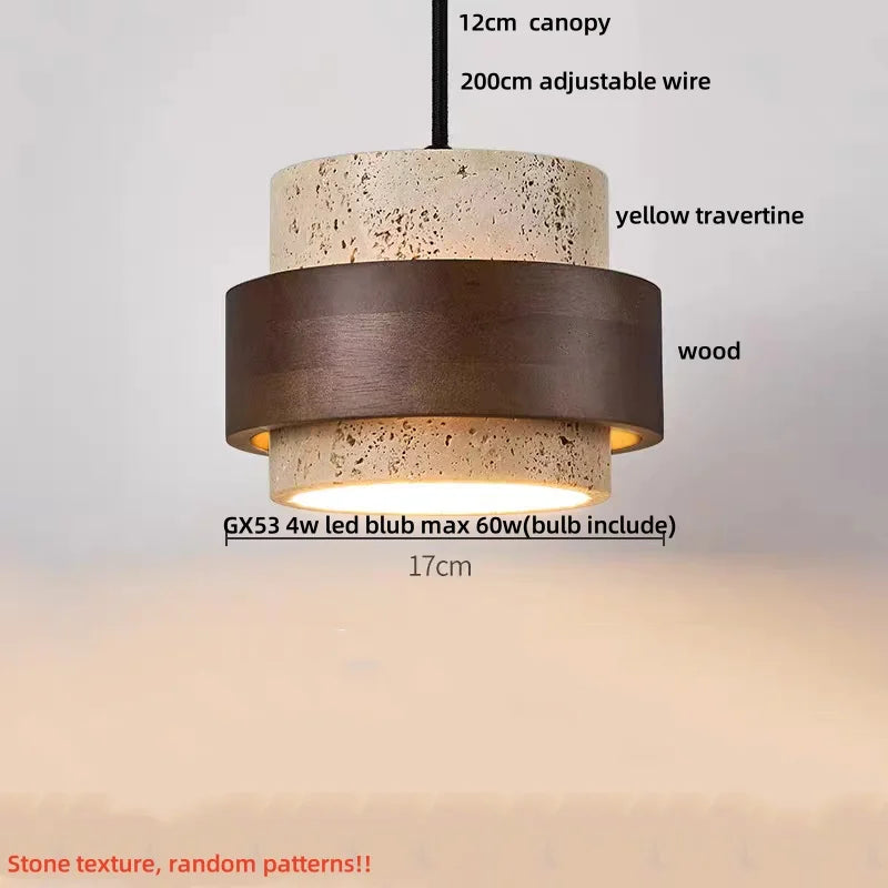 DecorBites™ LED Pendant Lights Bar Decor Yellow Travertine Stone Wood Hang Lamp