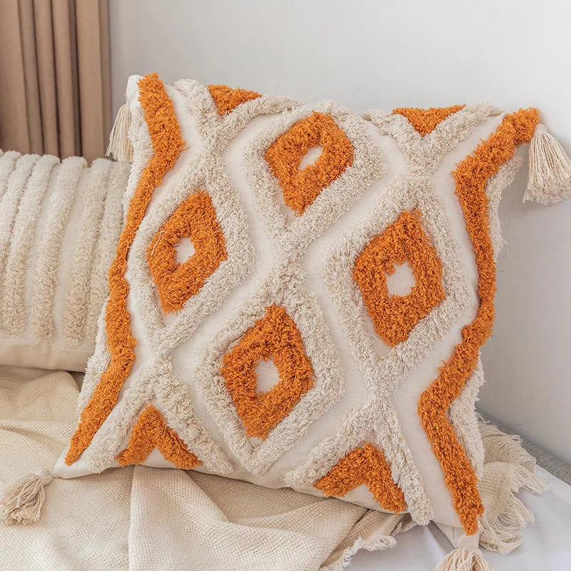 DecorBites™ Boho Square Pillowcase with Embroidery & Tassel Detail for Living Room Sofa
