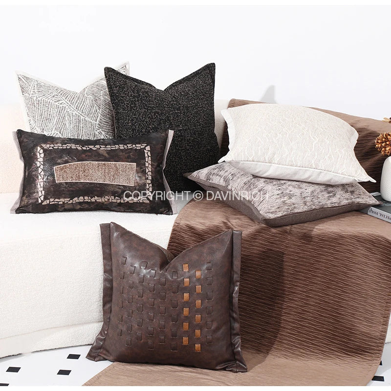 DecorBites™ Brighton Cross Stitch Faux Leather Cushion Cover 45x45cm Brown