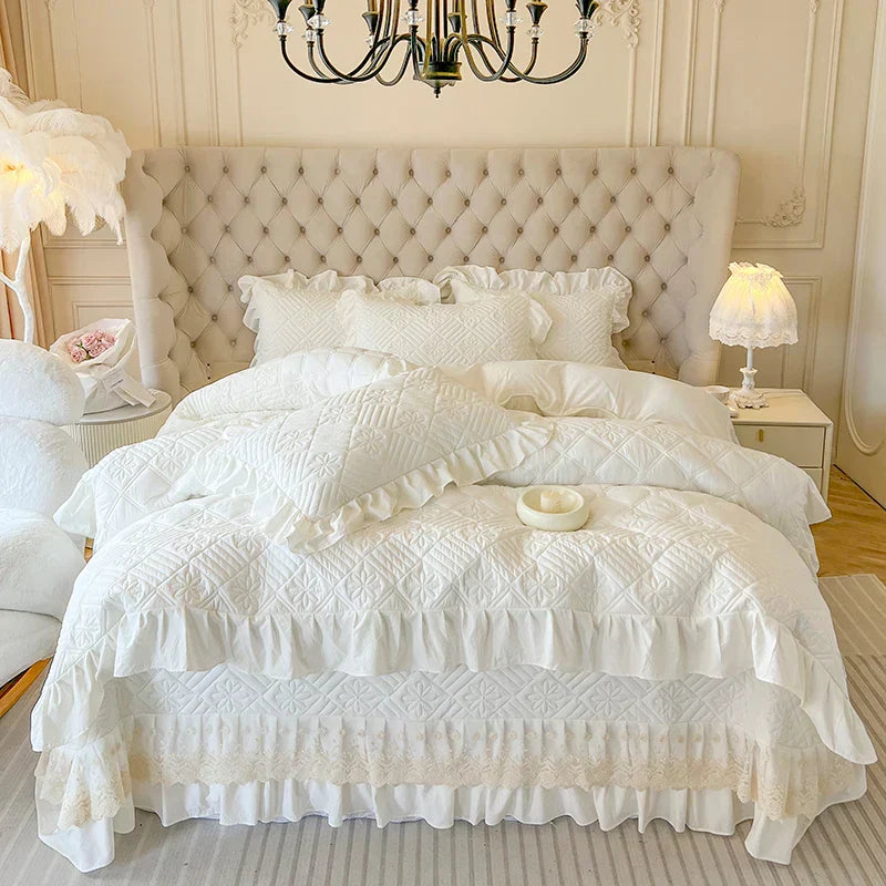 DecorBites™ Korean Princess Style Quilted Bedding Set with Lace Ruffles 200x230cm