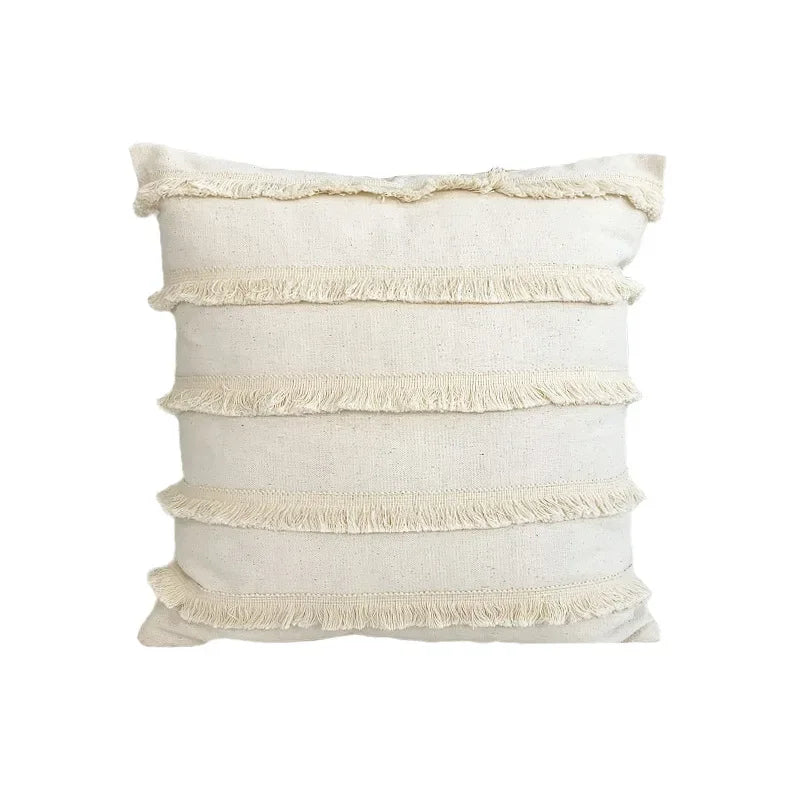 DecorBites™ Boho Linen Cotton Pillow Cover with Tassels - Beige Square/Rectangular 45x45cm/30x50cm