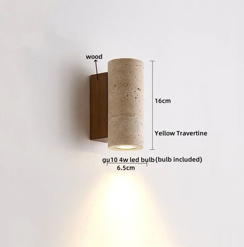 DecorBites™ LED Wall Sconce Yellow Travertine Stone Bedroom Study Cafe Wood Base Stair Light