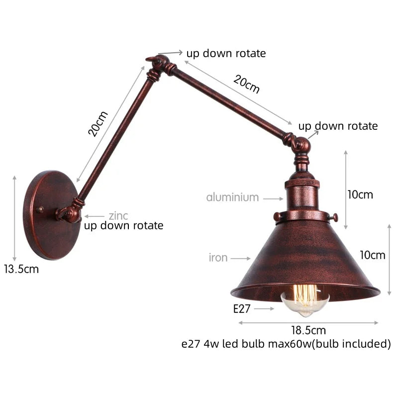 DecorBites™ Gold Long Arm LED Wall Sconce with Pull Chain Switch, Adjustable Industrial Bedside Lamp