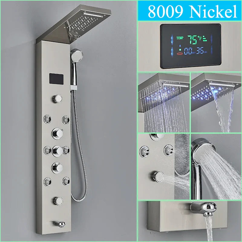 DecorBites™ LED Shower Panel Column Faucet with Rainfall Waterfall, Back Jet, Mixer Tap