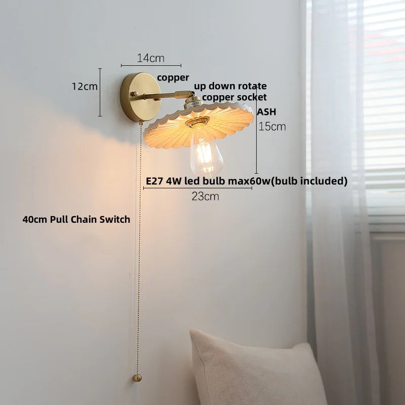 DecorBites™ Ash Wood LED Wall Lights Living Room Porch Stair Nordic Modern Up Down Rotate Pull Chain Switch Bedside Lamp