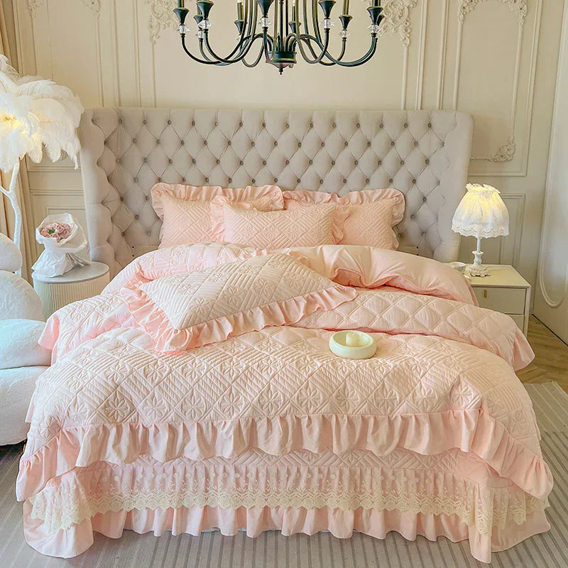 DecorBites™ Korean Princess Style Quilted Bedding Set with Lace Ruffles 200x230cm