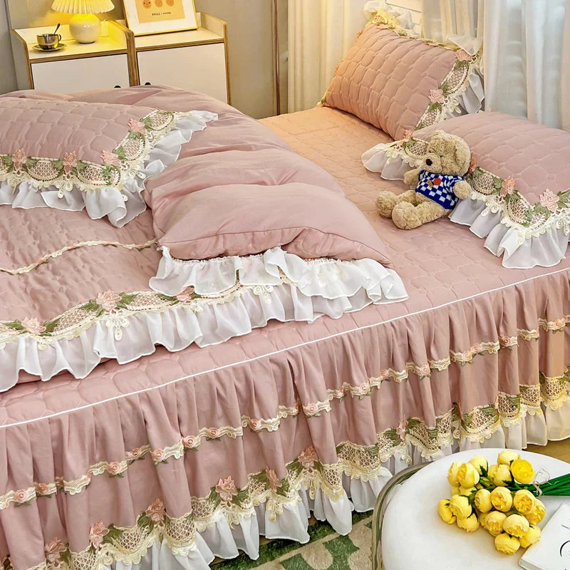 DecorBites™ Korean Princess Bedding Set: Flowers, Lace, Ruffles, Embroidery, Quilted, Duvet Cover, Bedspread