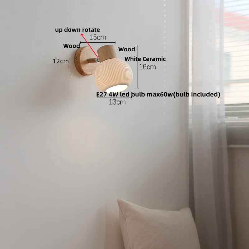 DecorBites™ Ceramic LED Wall Lights with Pull Chain Switch, Modern Wood Base Bedside Lamp