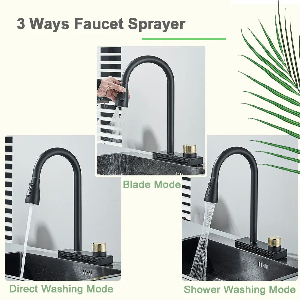 DecorBites™ Black Rainwater Kitchen Faucet Flexible Pull Out 3 Way Nozzle Mixer Tap