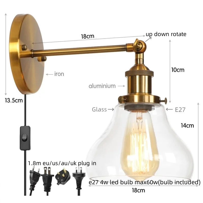 DecorBites™ Black Iron LED Wall Lights Industrial Pull Chain Switch Bedroom Dining Room Loft