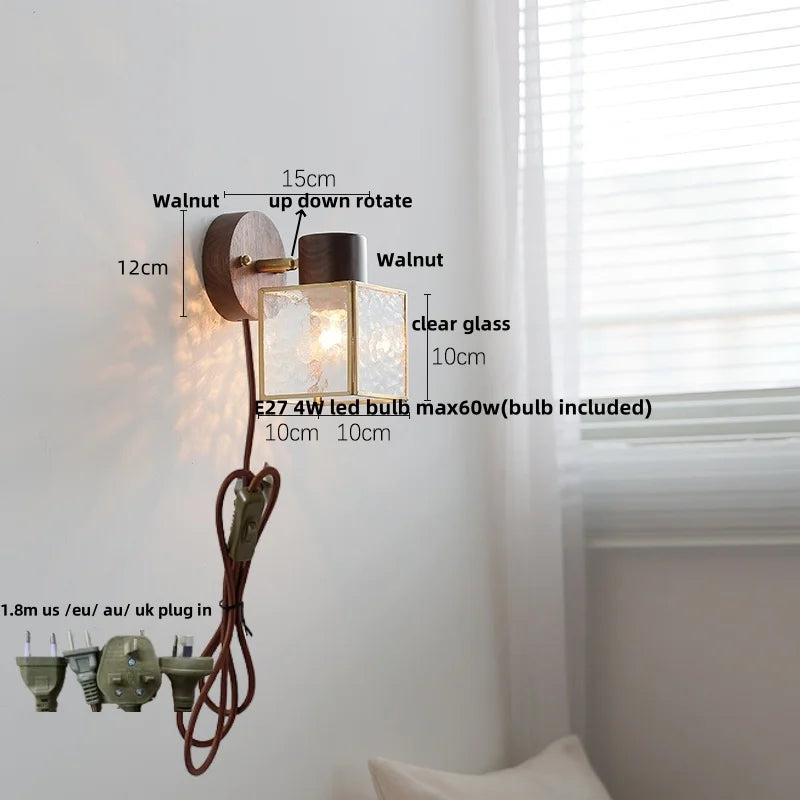 DecorBites™ LED Walnut Wood Wall Sconce Clear Glass Bathroom Mirror Light