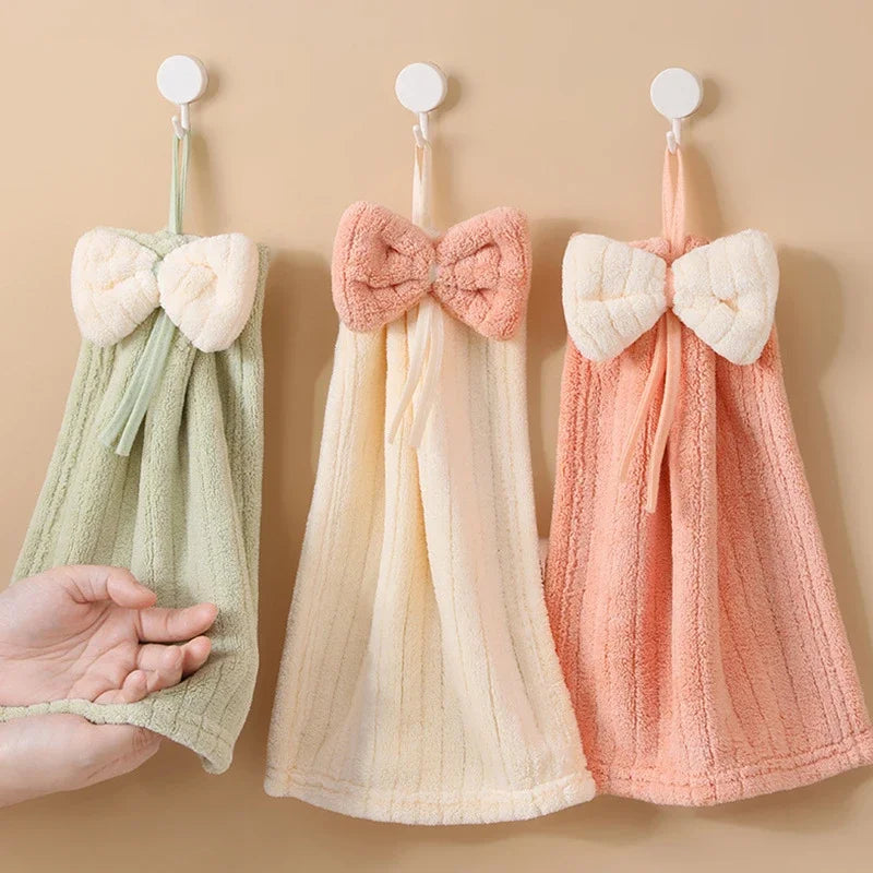 DecorBites™ Bowknot Microfiber Hand Towels Soft & Absorbent Coral Velvet for Kitchen & Bathroom