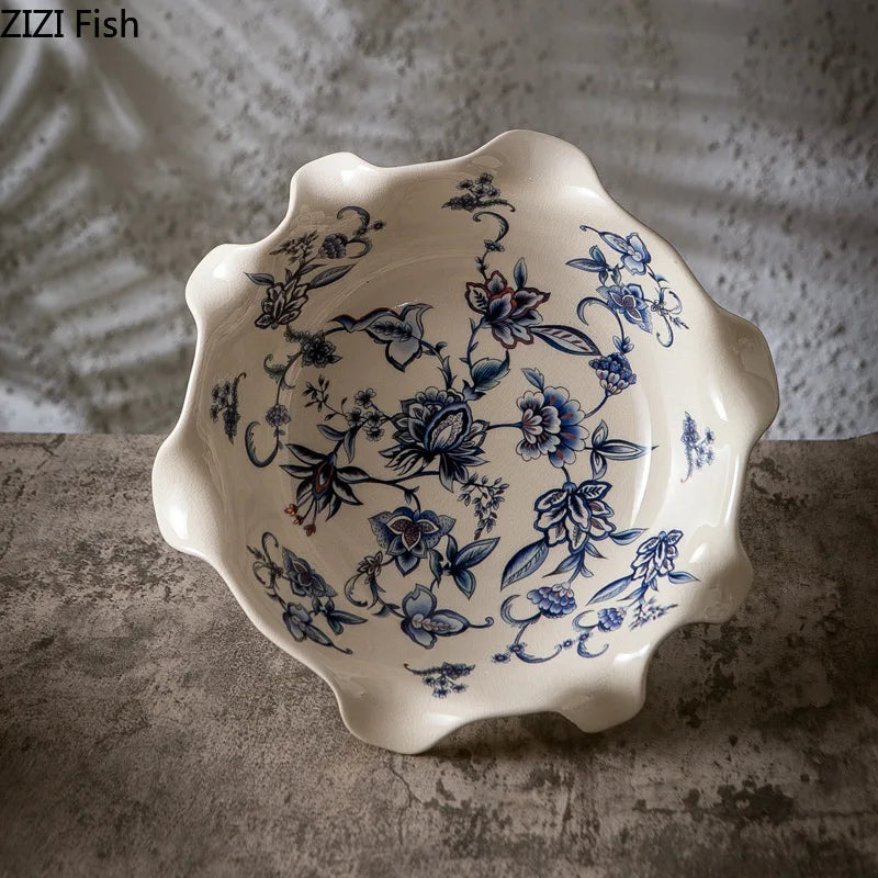 DecorBites™ Blue Flower Pattern Footed Fruit Tray Dessert Plate Snack Bowl Plate
