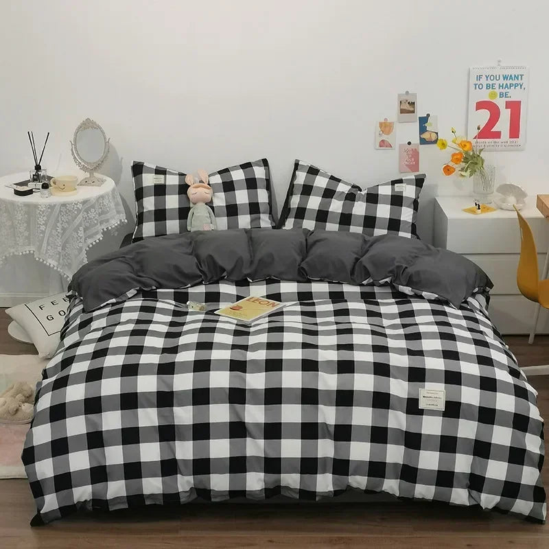 DecorBites™ Japanese Grid Print Bedding Set for All Seasons, Queen/King Size Quilt Cover