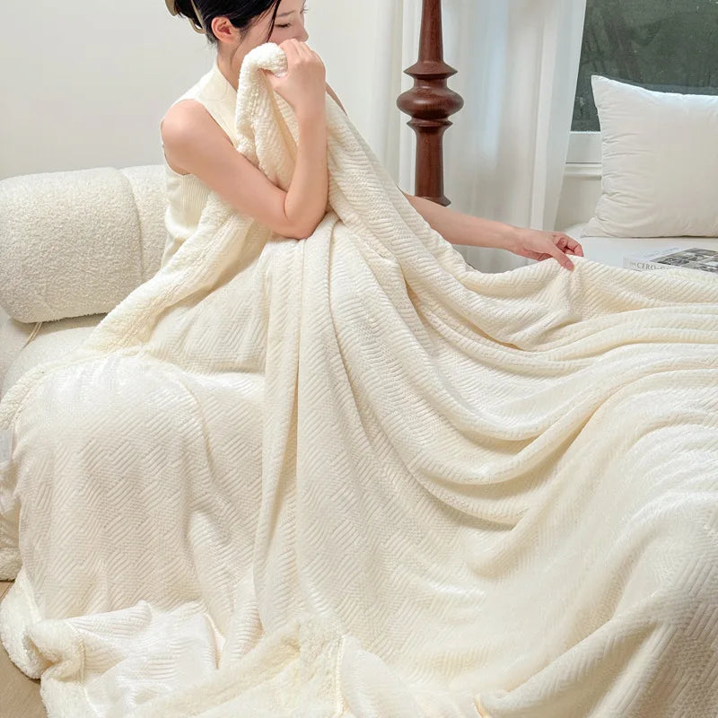 DecorBites™ Double-Layer Coral Fleece Jacquard Blanket: Warm & Multi-Functional for Home & Travel