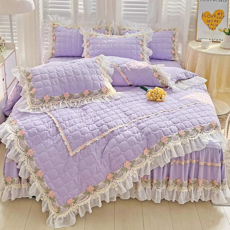 DecorBites™ Korean Princess Bedding Set: Flowers, Lace, Ruffles, Embroidery, Quilted, Duvet Cover, Bedspread
