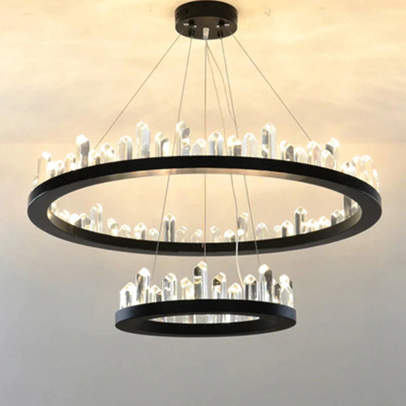 DecorBites™ Black Gold Rings Crystal Chandelier - Nordic Luxury LED Lighting for Living Room