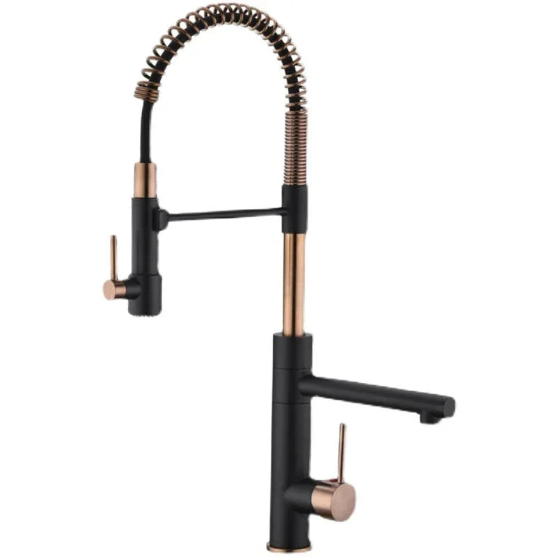 DecorBites™ Brushed Gold Kitchen Faucet with Pull Down Black Spring Spout - Hot Cold Mixer