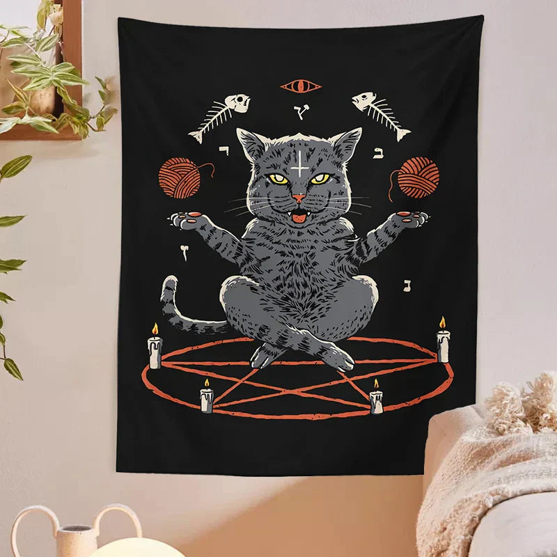 DecorBites™ Cat Coven Tapestry Wall Hanging - Cool Black Witchcraft Decor for Living Room and Bedroom