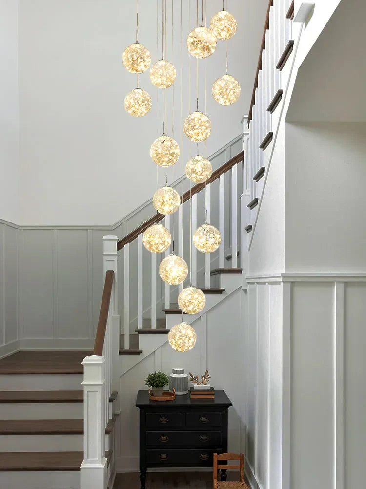 DecorBites™ Glass Chandelier: Gold LED Staircase Lighting, Minimalist Design