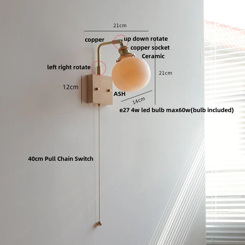 DecorBites™ Globe Ceramic Walnut Wood Wall Light with Pull Chain Switch and Rotatable Design