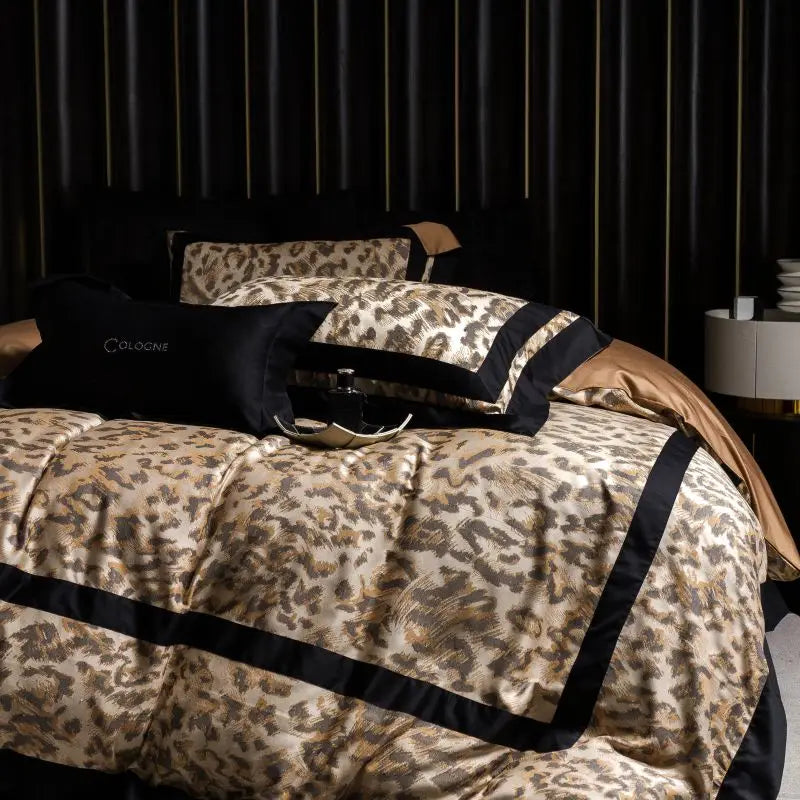 DecorBites™ Leopard Jacquard 1000TC Lyocell Cotton Bedding Set: Duvet, Sheet, Pillowcases