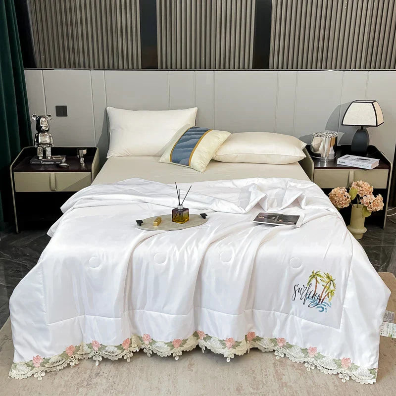 DecorBites™ Lace Edge Flowers Embroidery Cool Blanket for Bed - Machine Washable Summer Quilt