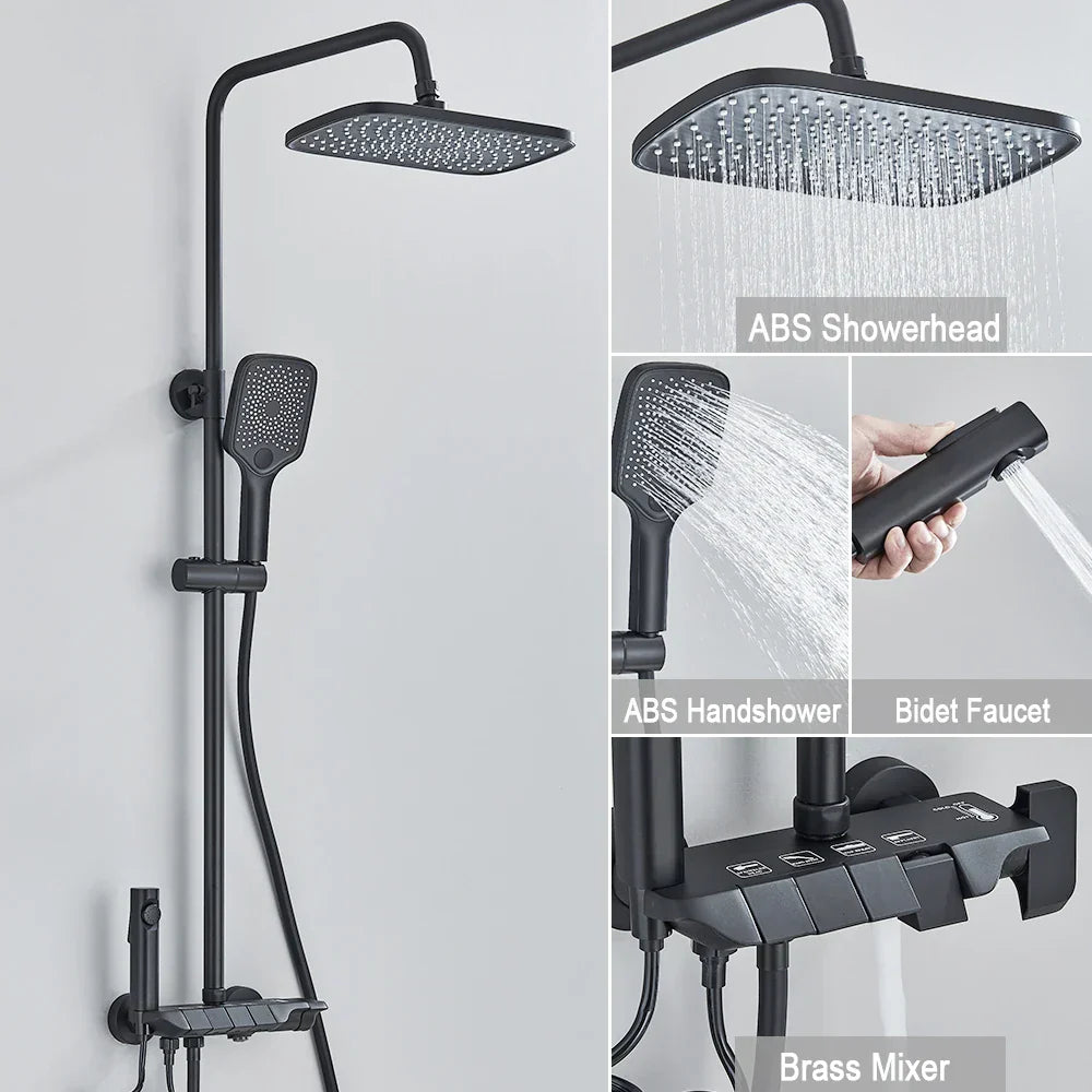 DecorBites™ Black Piano Digital Shower System with Intelligent Brass Faucets and White Rainfall Shower