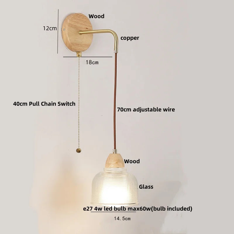 DecorBites™ Clear Glass LED Wall Lights with Wood Pull Chain Switch - Modern Copper Stair Light