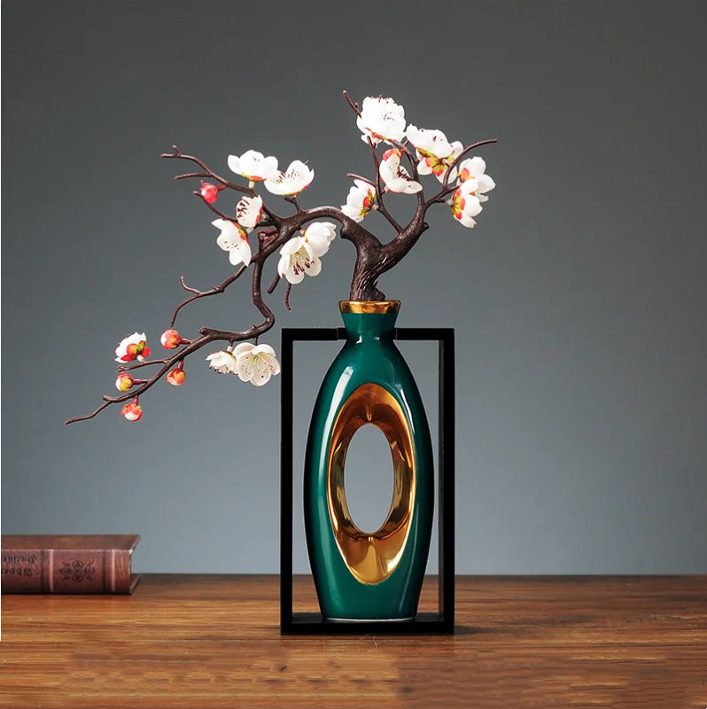 DecorBites™ Chinese Style Ceramic Vase in Wooden Frame for Modern Home Decor