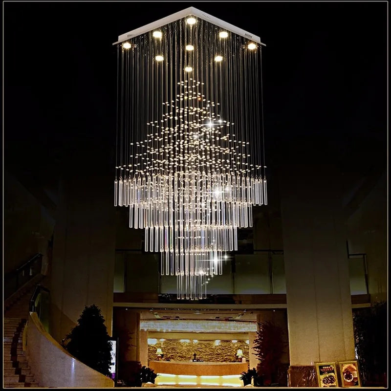 DecorBites™ Columnar Crystal Chandelier with Square Base for Living Room, Stair Loft - Modern Hanging Lamp
